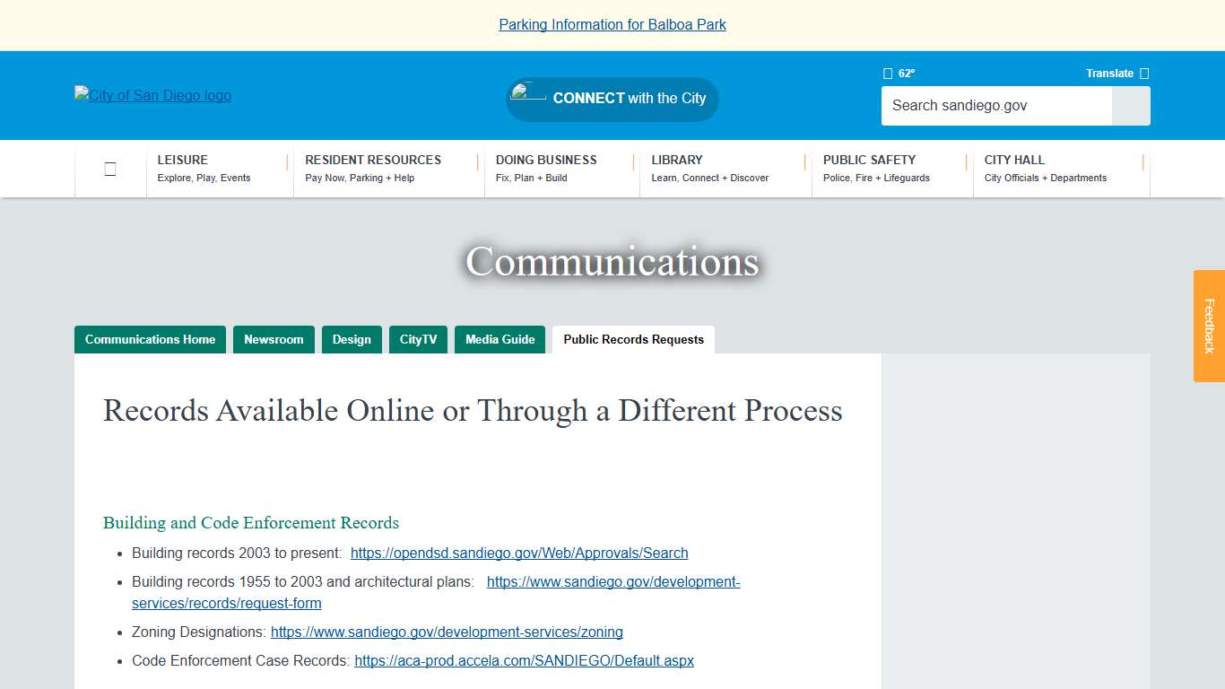 Records Available Online or Through a Different Process | City of San Diego Official Website